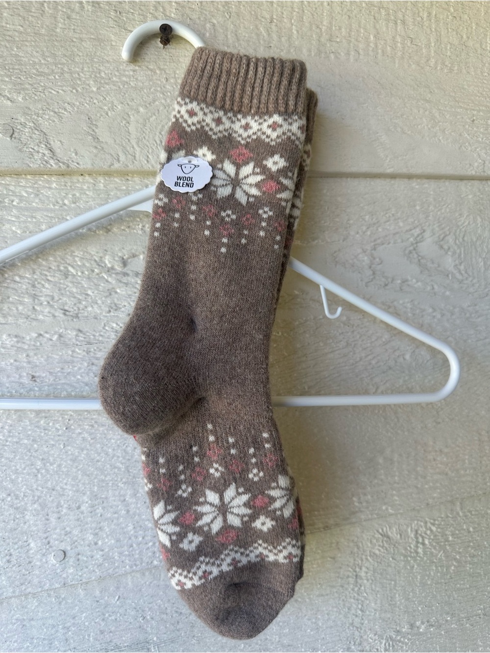Cozy brown, white, and pink wool blend socks